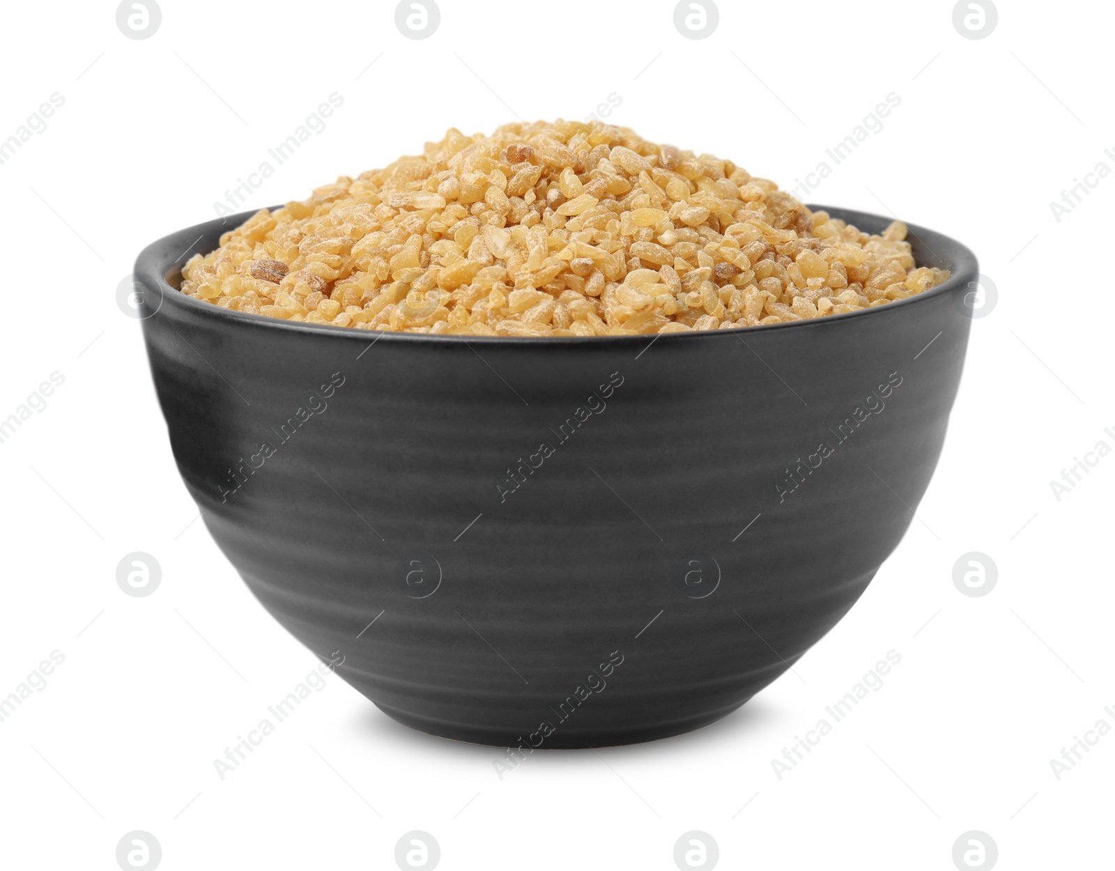 Photo of Raw bulgur in bowl isolated on white