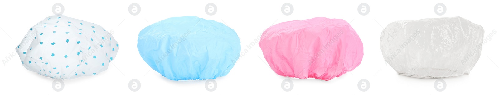 Image of Set with waterproof shower caps on white background. Banner design