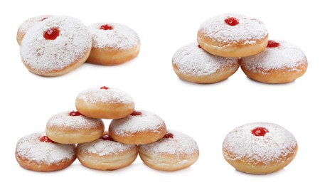 Image of Delicious donuts with jelly and powdered sugar on white background, collage