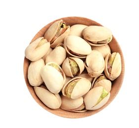 Photo of Organic pistachio nuts in wooden bowl isolated on white, top view
