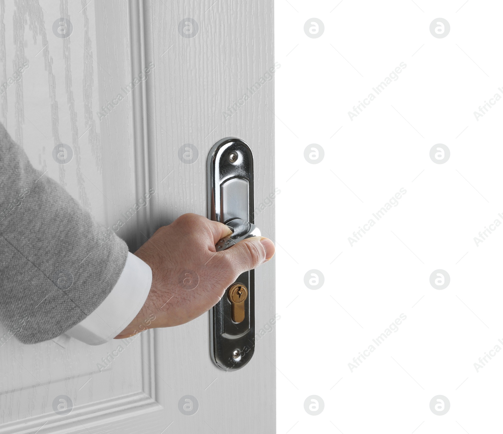 Photo of Man opening wooden door on white background, closeup