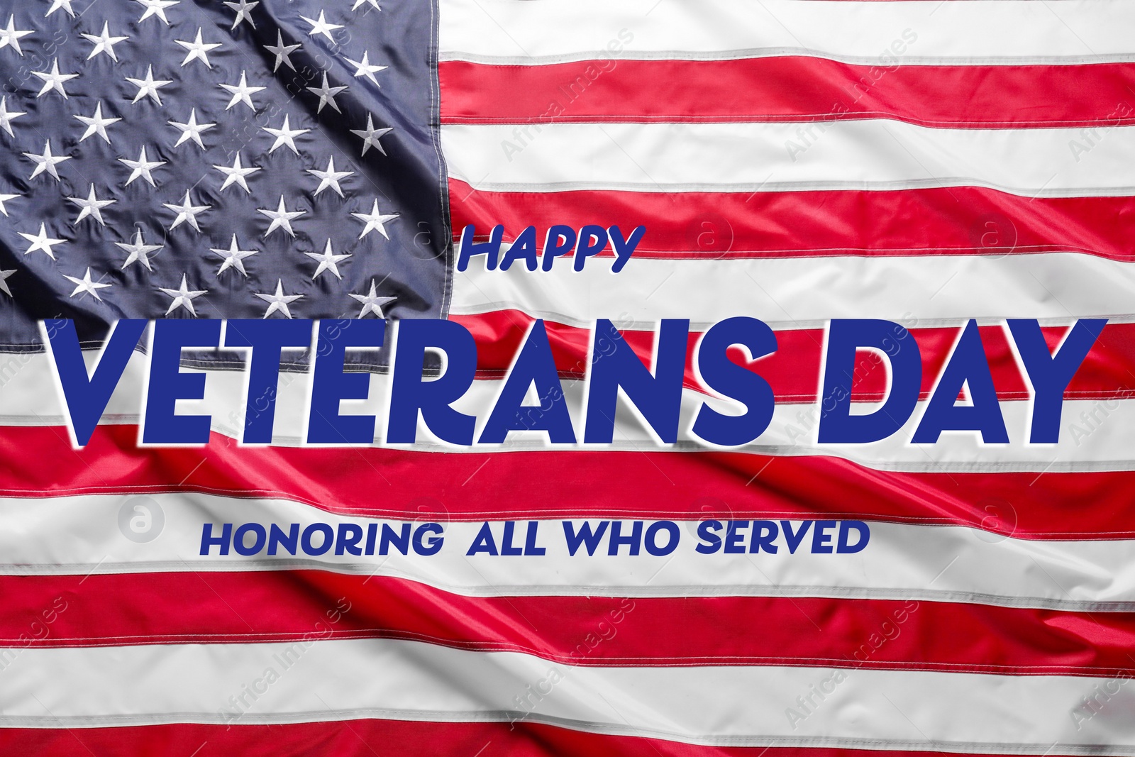 Image of Veterans day. Honoring all who served. American flag as background, closeup