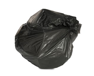Photo of Black trash bag filled with garbage isolated on white