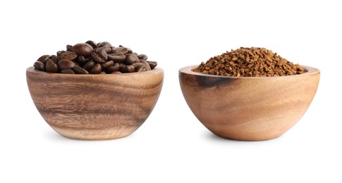 Bowls of instant coffee and beans on white background