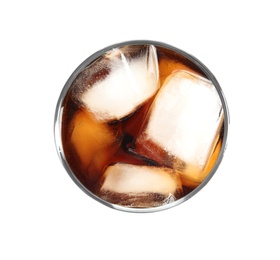 Glass of refreshing cola with ice on white background, top view