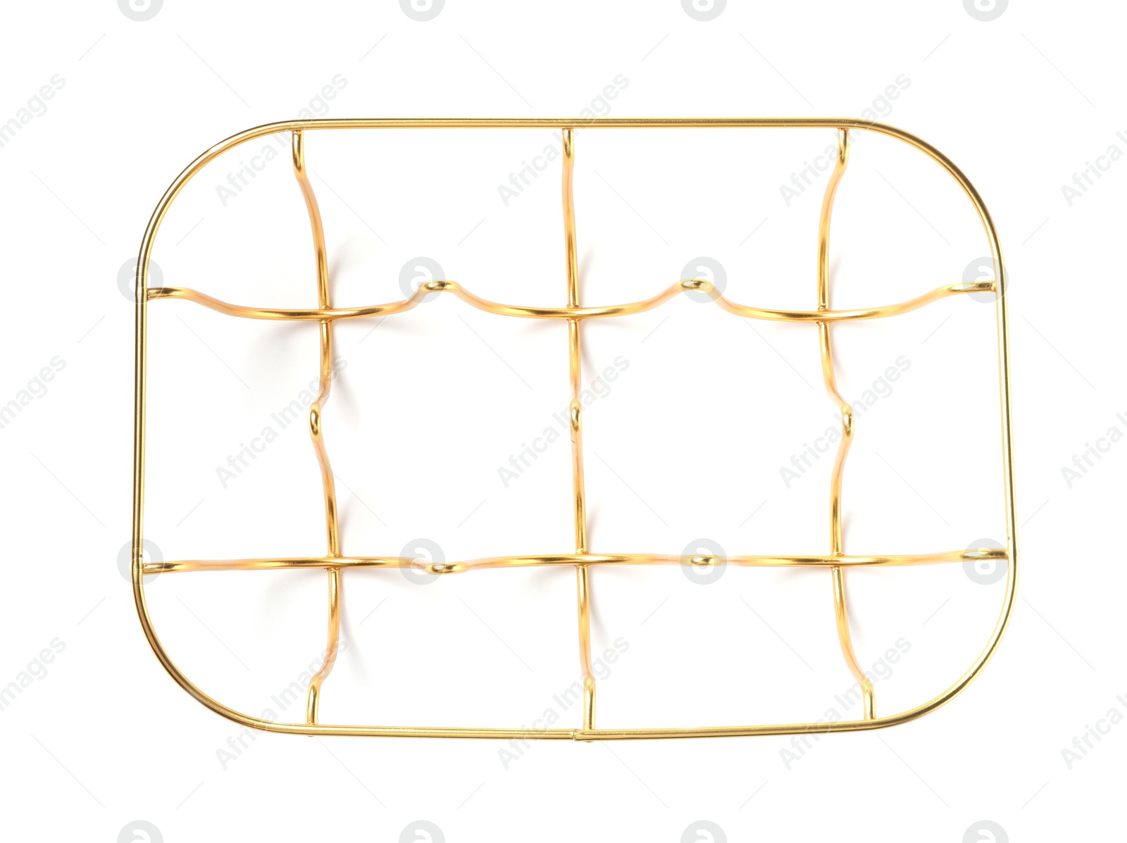 Photo of Golden metal egg tray on white background, top view