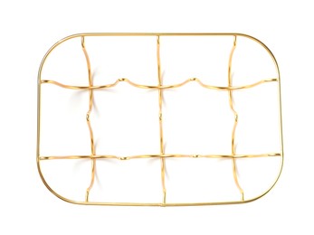 Golden metal egg tray on white background, top view