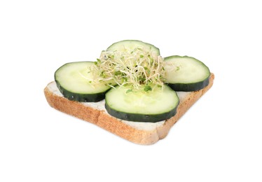 Photo of Tasty toast with cucumber, cream cheese and microgreens isolated on white