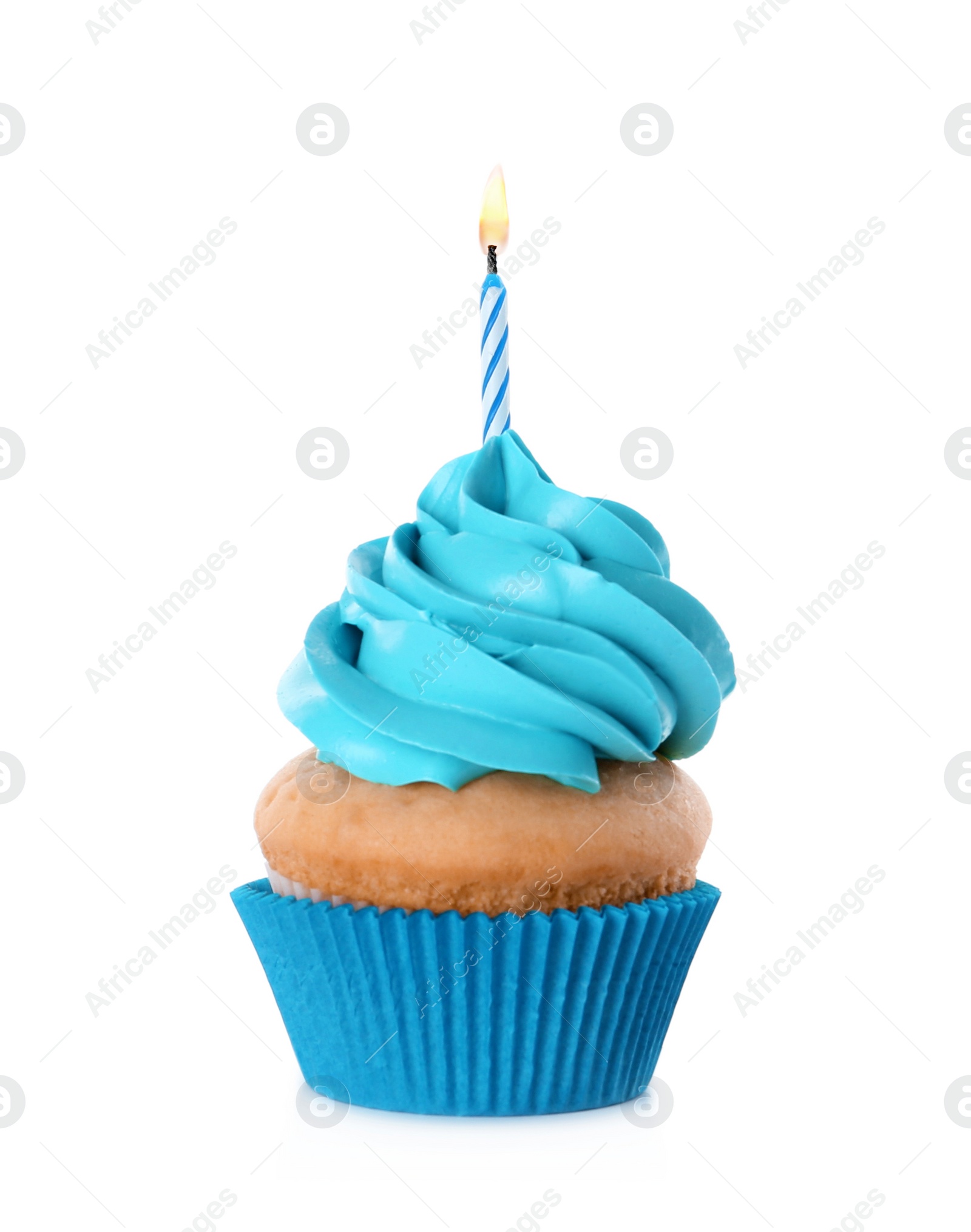 Photo of Delicious birthday cupcake with candle isolated on white