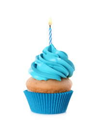 Delicious birthday cupcake with candle isolated on white