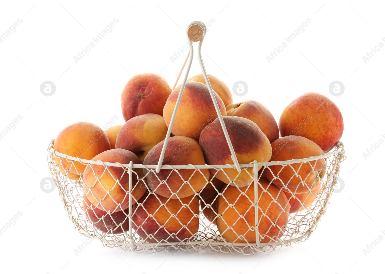 Photo of Metal basket with fresh sweet peaches on white background