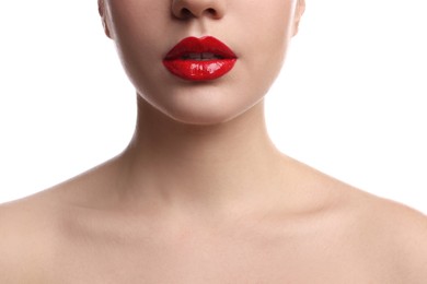 Closeup view of woman with beautiful full lips on white background