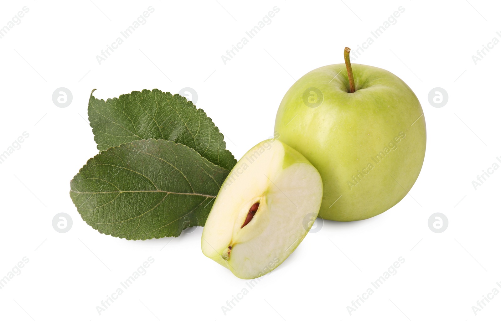 Photo of Whole, cut green apples and leaves isolated on white