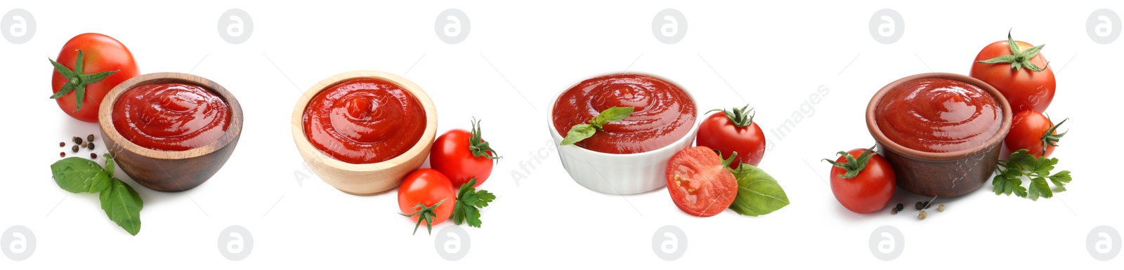 Image of Tasty ketchup in different bowls, fresh tomatoes and spices isolated on white, collage. Red sauce