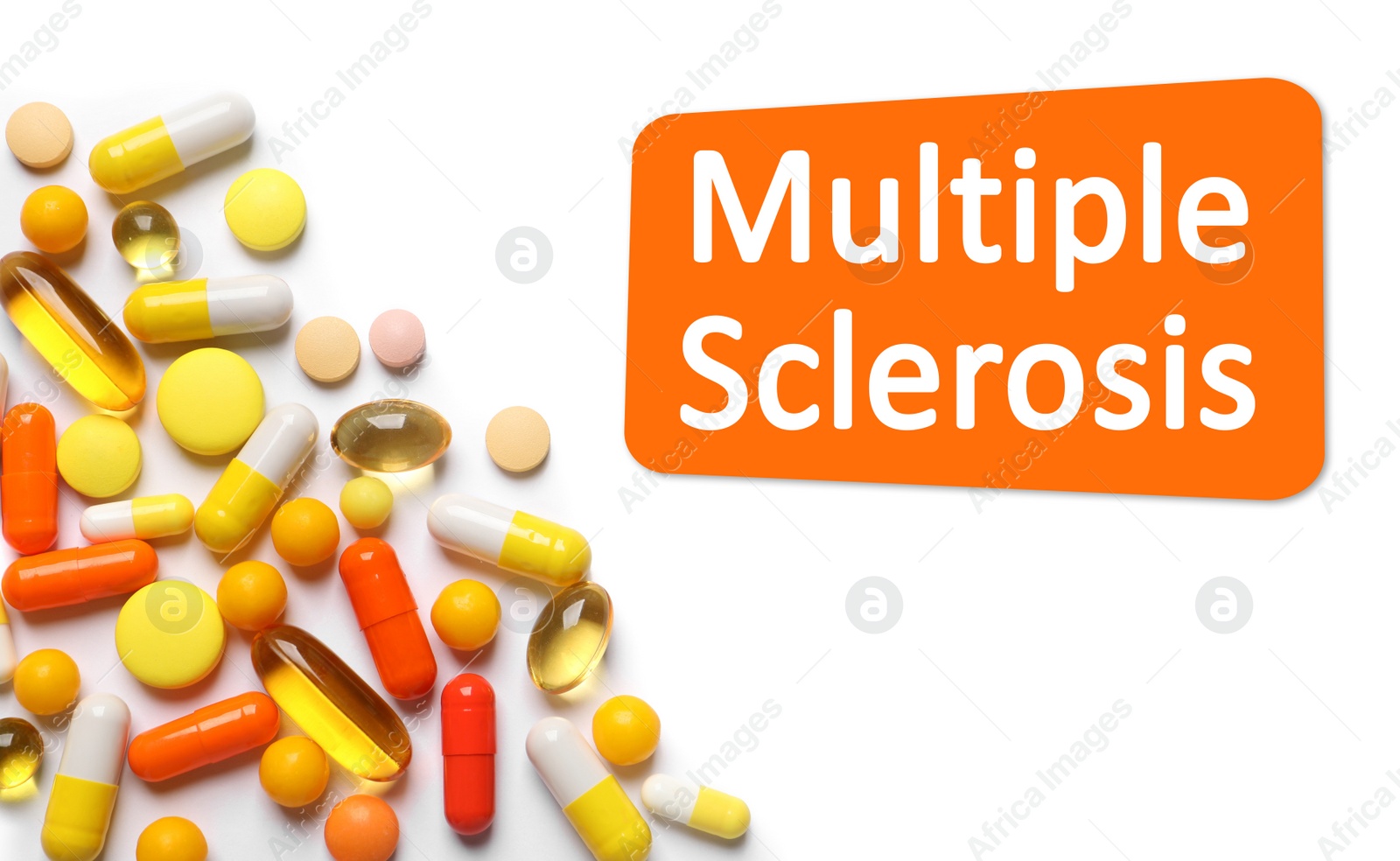 Image of Multiple sclerosis treatment. Many different pills on white background, top view