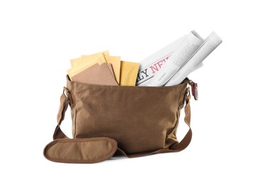 Photo of Brown postman's bag with envelopes and newspapers on white background