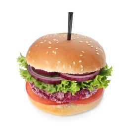 Photo of Tasty vegetarian burger with beet patty isolated on white