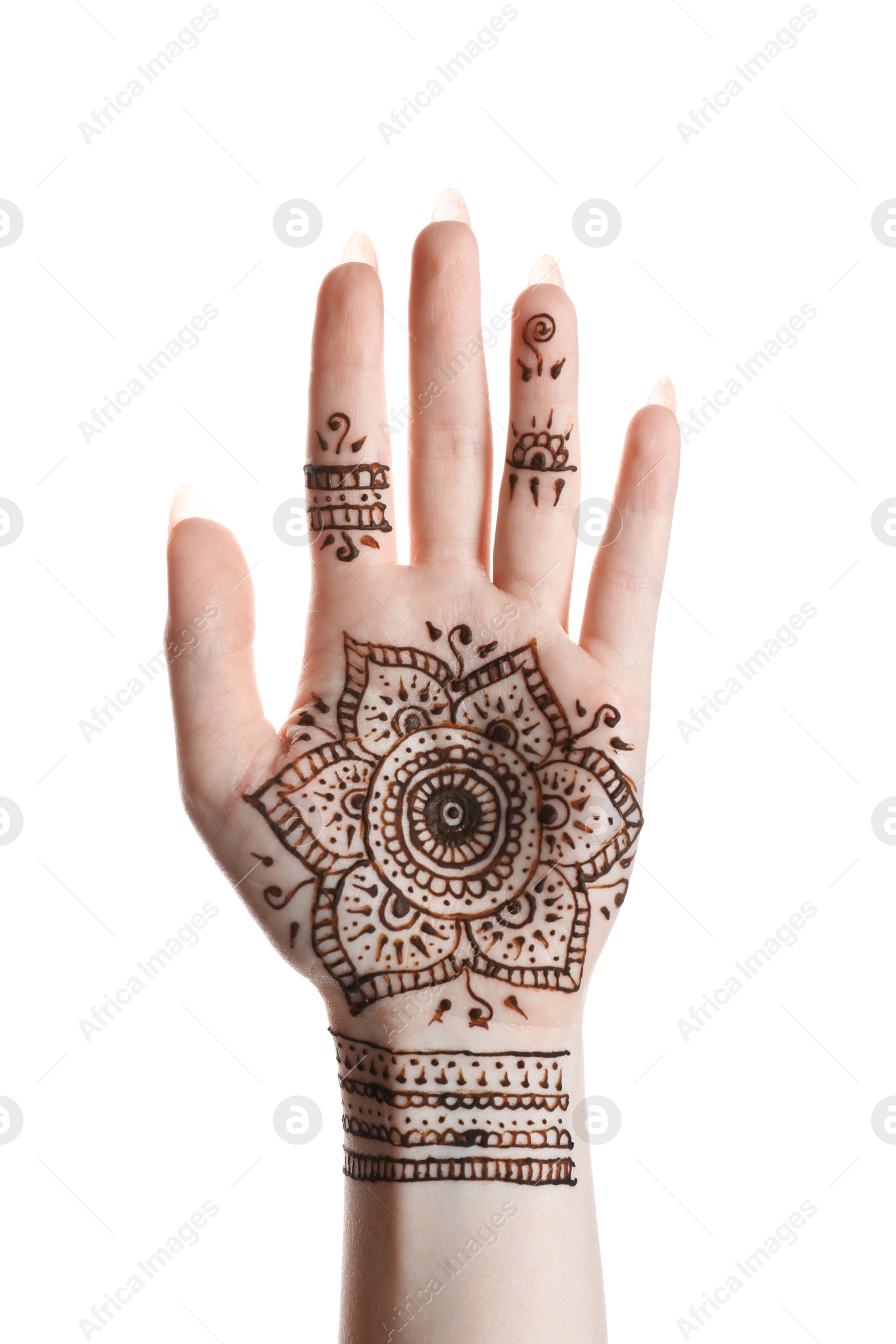 Photo of Woman with beautiful henna tattoo on hand against white background, closeup. Traditional mehndi