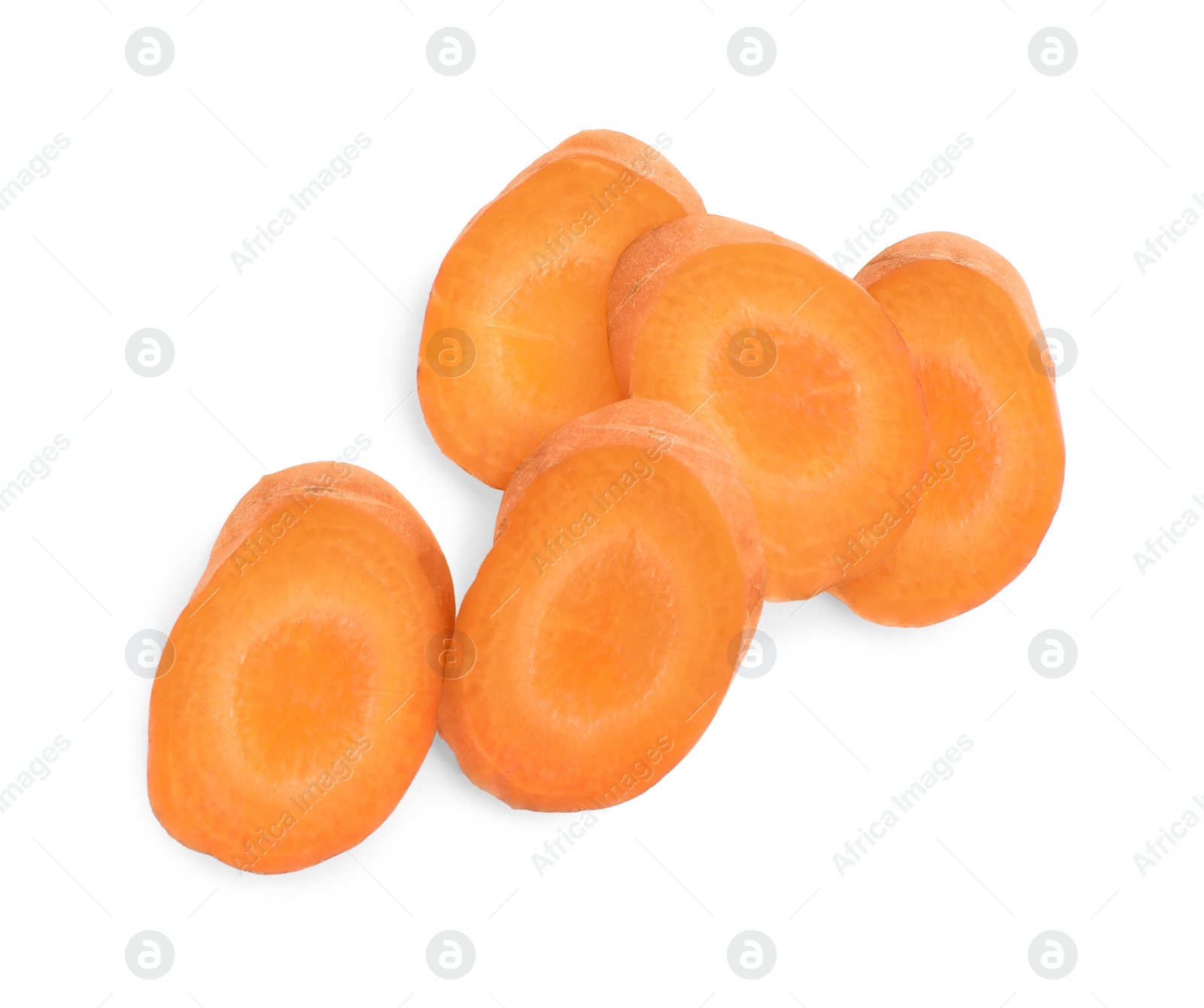 Photo of Pieces of tasty ripe carrot on white background