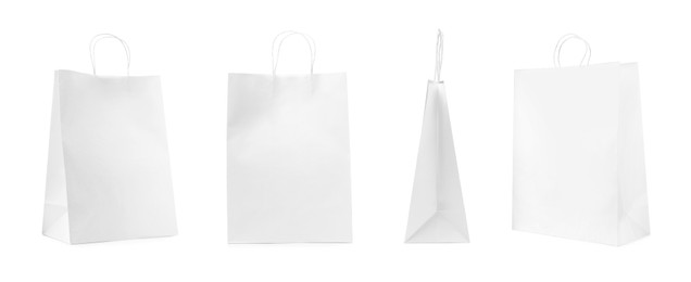Image of Set with paper bags on white background. Banner design
