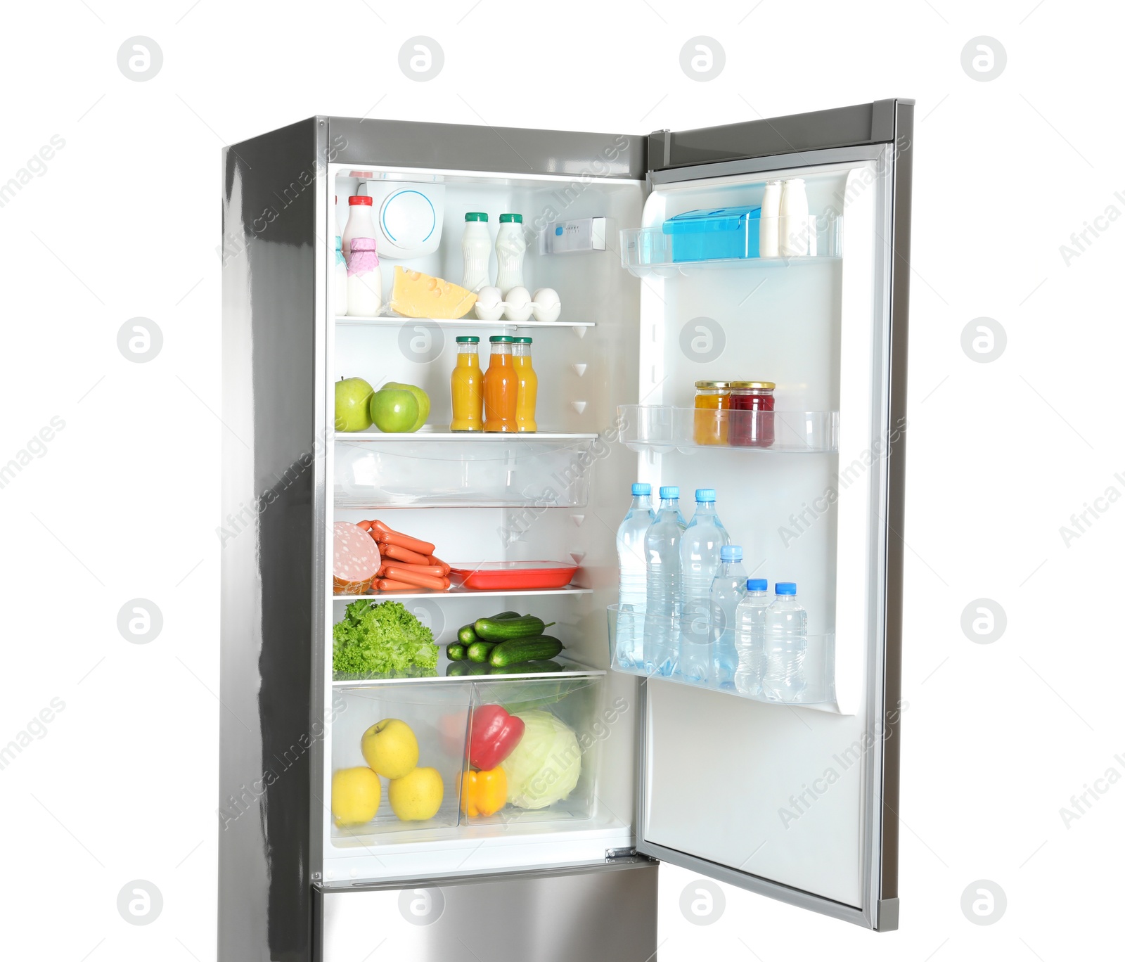 Photo of Open refrigerator with many different products on white background