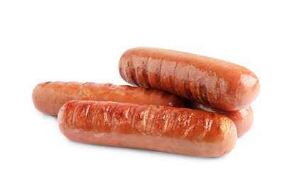 Photo of Delicious grilled sausages on white background. Barbecue food