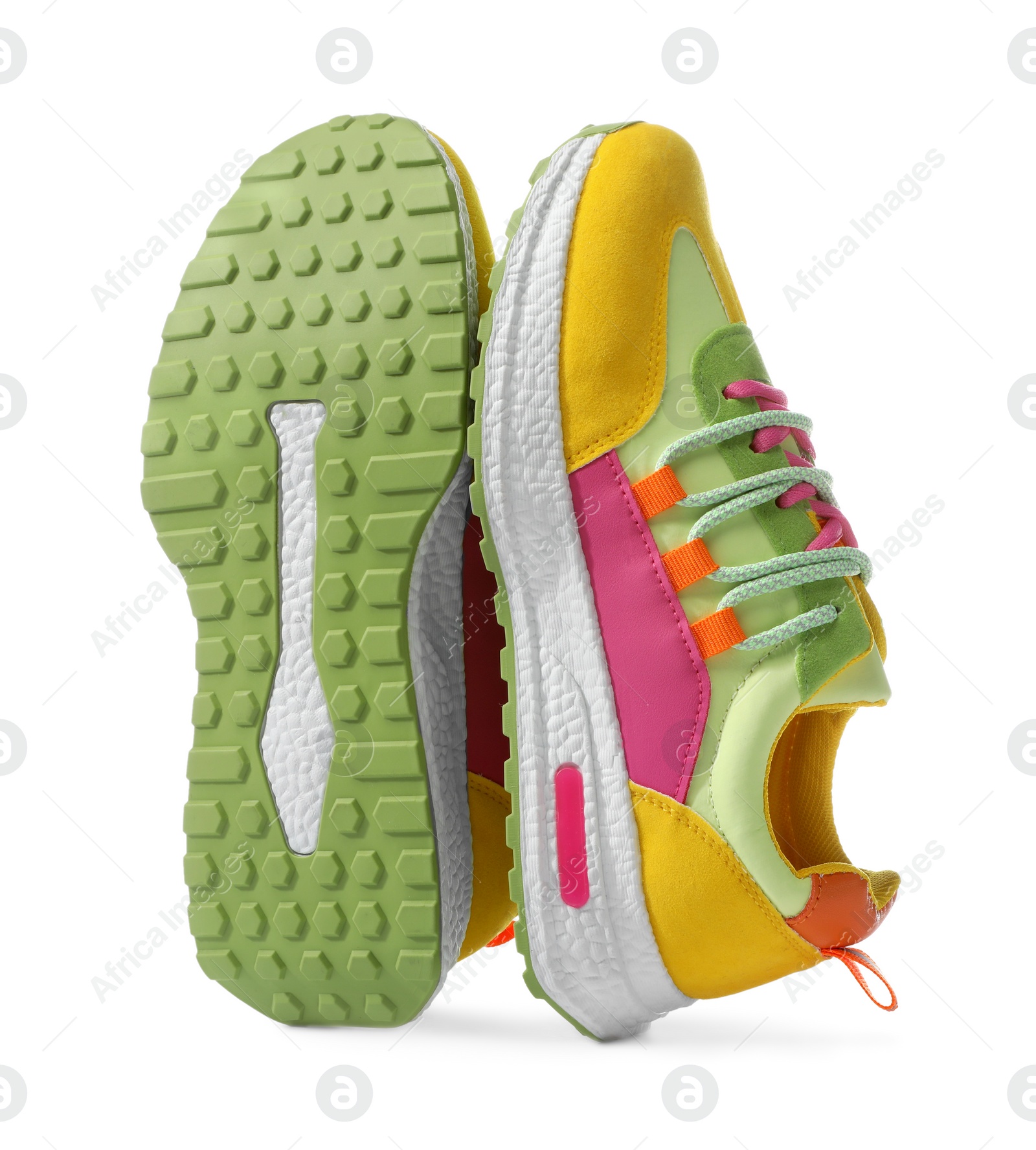 Photo of Pair of stylish colorful sneakers on white background