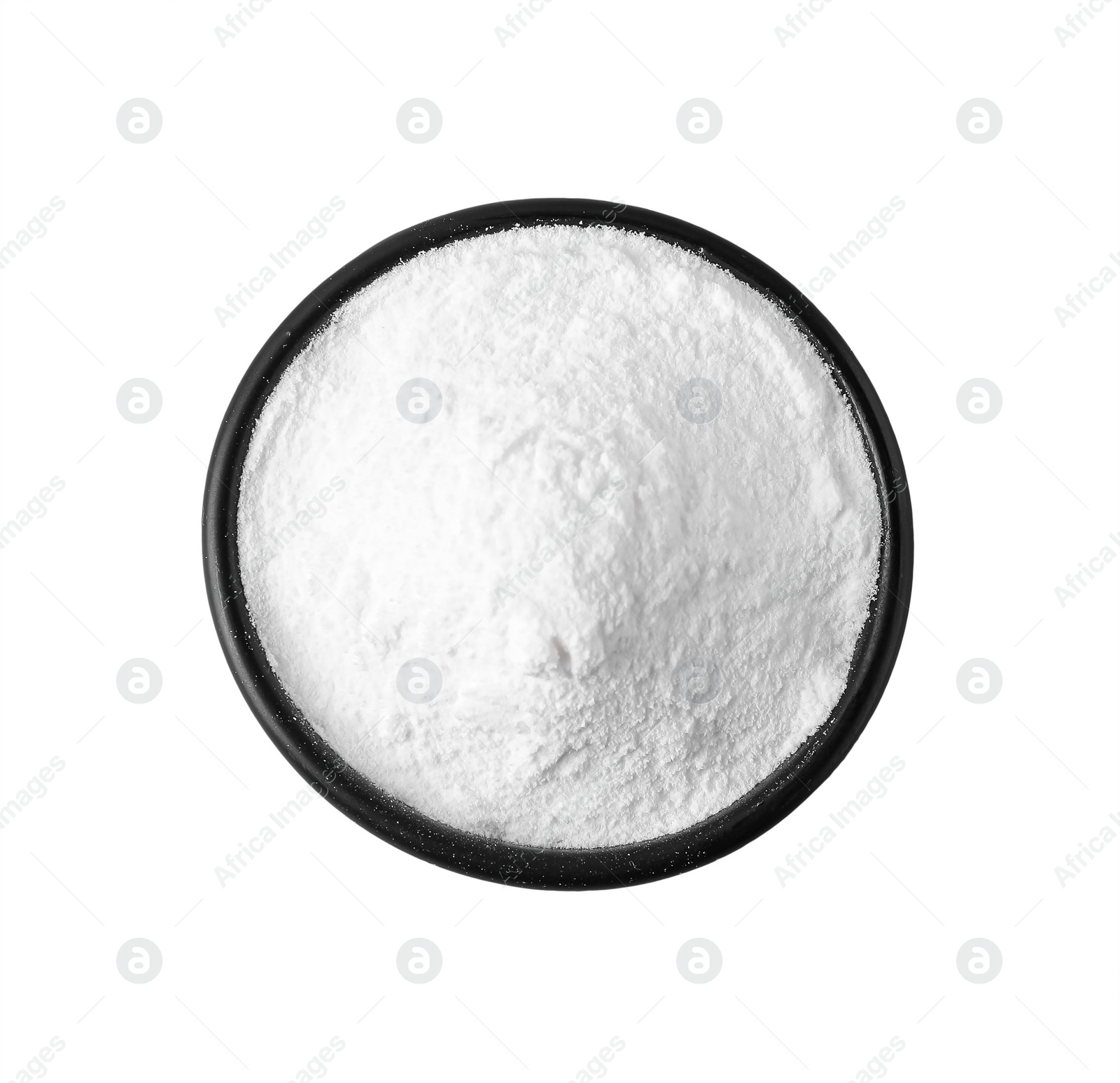 Photo of Bowl of sweet fructose powder isolated on white, top view