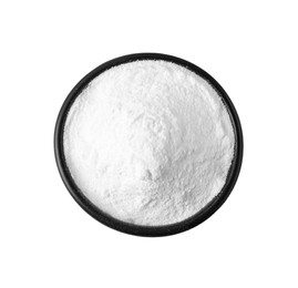 Photo of Bowl of sweet fructose powder isolated on white, top view