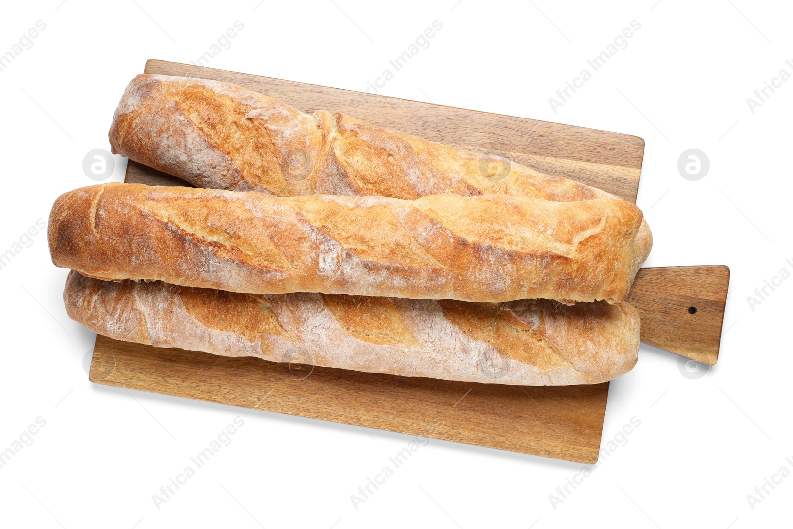 Photo of Crispy French baguettes on white background, top view. Fresh bread