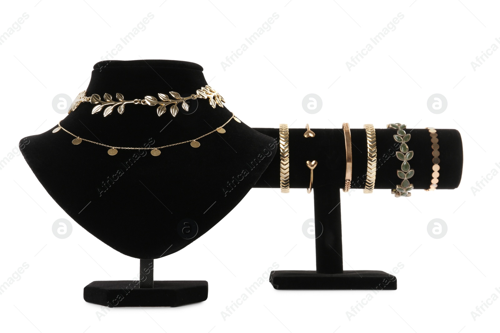 Photo of Different display stands with stylish jewelry on white background