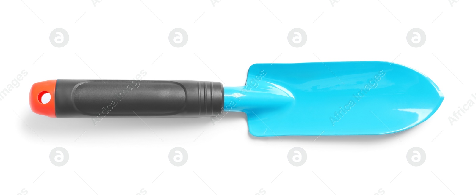 Photo of New trowel on white background. Professional gardening tool