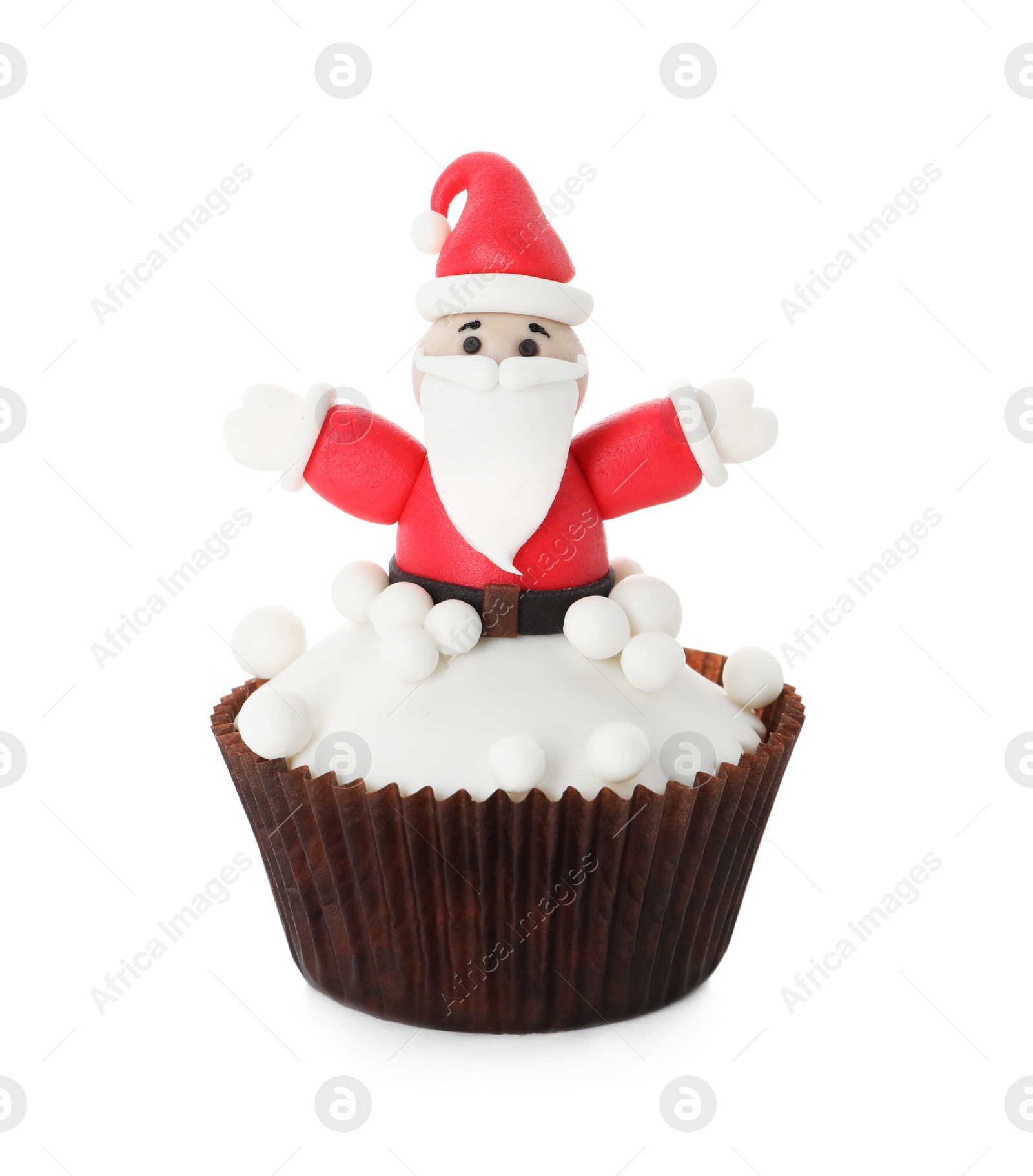 Photo of Beautiful Christmas cupcake with Santa Claus isolated on white
