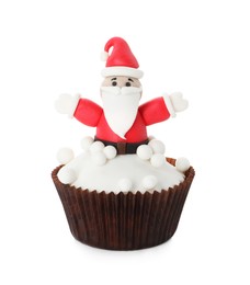 Photo of Beautiful Christmas cupcake with Santa Claus isolated on white