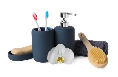 Photo of Bath accessories. Different personal care products and flower isolated on white