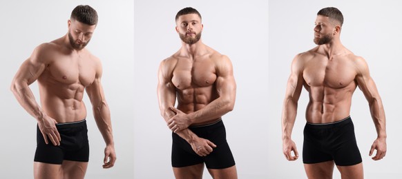 Image of Muscular man in stylish black underwear on white background, collection of photos