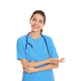 Portrait of medical doctor with stethoscope isolated on white