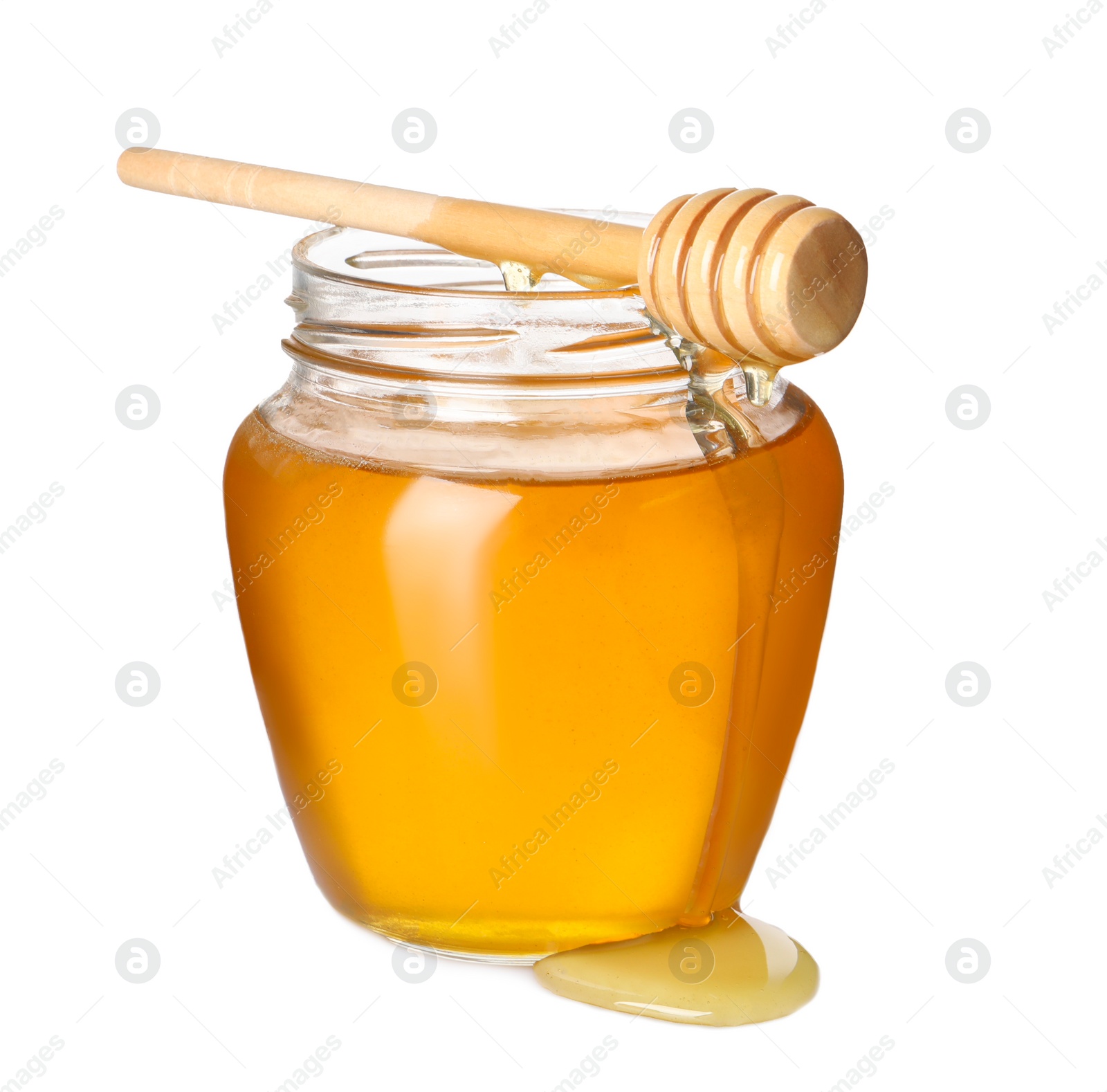 Photo of Tasty honey in glass jar and dipper isolated on white