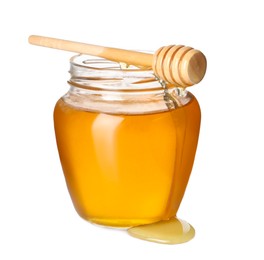 Photo of Tasty honey in glass jar and dipper isolated on white