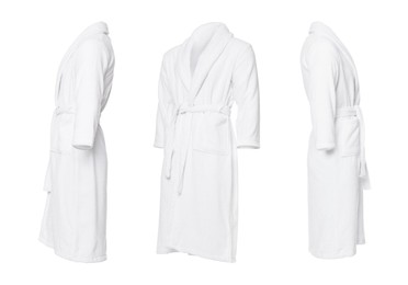 Image of Collage with clean terry bathrobe on white background, different views