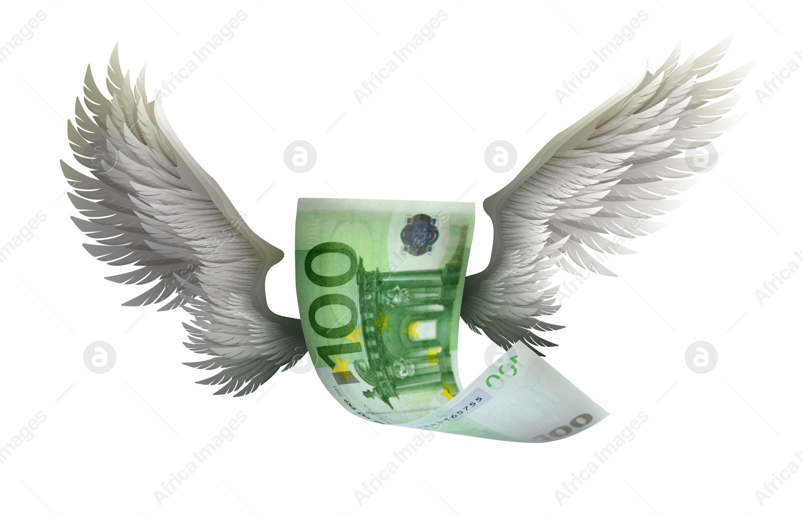 Image of Euro banknote with wings on white background