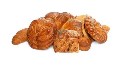 Photo of Many different tasty pastries isolated on white