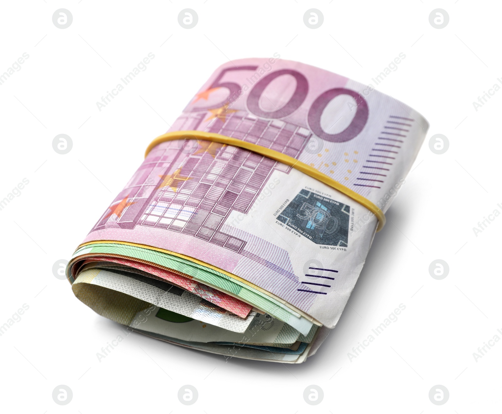 Image of Different Euro banknotes with rubber band on white background