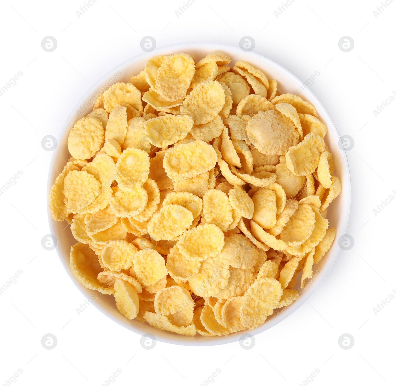 Photo of Breakfast cereal. Tasty corn flakes in bowl isolated on white, top view