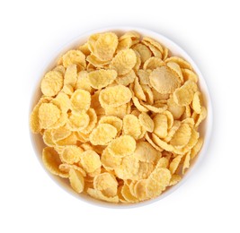 Photo of Breakfast cereal. Tasty corn flakes in bowl isolated on white, top view