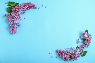 Photo of Flat lay composition with blossoming lilac flowers on color background. Space for text