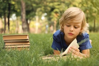 Photo of Cute little boy reading book on green grass in park