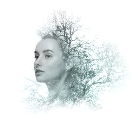 Image of Double exposure of beautiful woman and tree on white background, color toned