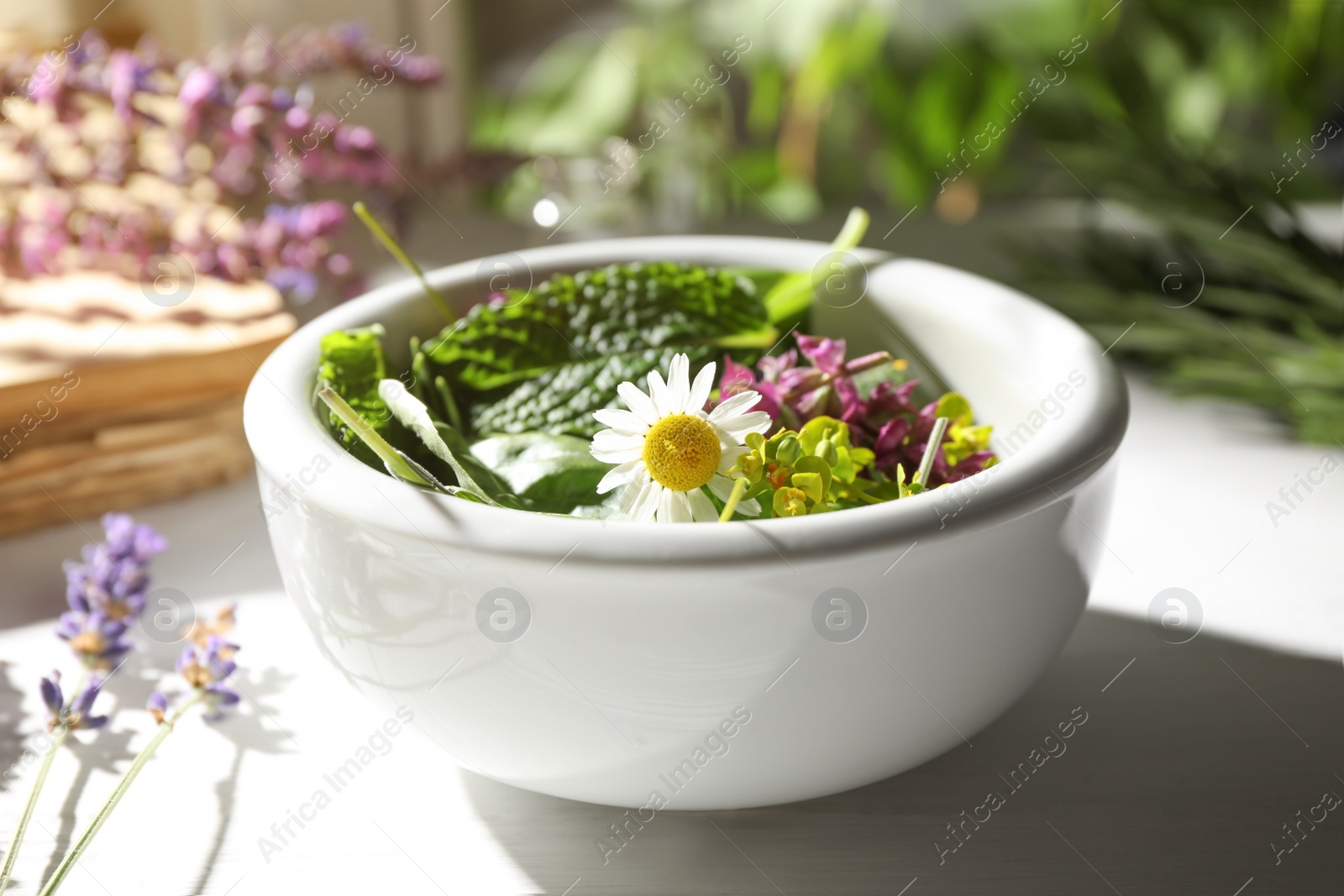 Photo of Bowl with healing herbs on white wooden table