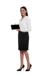 Photo of Full length portrait of hostess in uniform with tablet on white background